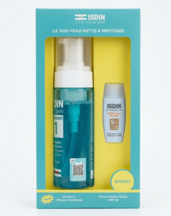 ISDIN COFFRET LE DUO PEAU NETTE & PROTEGEE ِCe pack se compose de : ISDIN Acniben Purifying Cleanser 150ML : ISDIN Acniben Purifying Cleanser est une mousse nettoyante pour le visage qui laisse le visage propre et moins brillant, et aide à éliminer l'excès de sébum. ISDIN Acniben Purifying Cleanser elimine l'excès de sébum et purifie la peau en douceur et est Non comédogène, Sans huile minérale, Aucun résidu huileux. ISDIN Fusion Water Magic SPF50 10ML OFFERTE  offre une haute protection solaire quotidienne grâce à sa texture ultra-légère et à son fini matifiant. Elle aide également à maintenir l’hydratation de la peau.