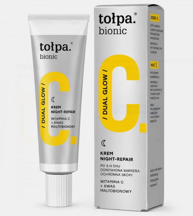La Crème Night Repair est un soin de nuit conçu pour soutenir les processus naturels de régénération cutanée pendant le sommeil. Sa formule aide à renforcer la barrière hydrolipidique, protéger la peau contre la déshydratation et offrir une hydratation intense et durable jusqu’à 72 heures. Grâce à l’association de vitamine C stable, d’acide maltobionique et de tourbe Tołpa®, elle contribue à illuminer, lisser et raffermir la peau tout en aidant à réduire les signes de fatigue et les premières rides.