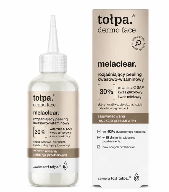 Peeling Éclat Anti-Taches aux Acides & Vitamines Ce peeling aide à réduire visiblement les taches pigmentaires dès 15 jours grâce à sa formule enrichie en acides exfoliants et vitamines éclaircissantes. Son action exfoliante et illuminatrice agit sur différents types d’hyperpigmentation : taches liées au soleil, marques d’acné, taches hormonales ou signes de l’âge. Il élimine les cellules mortes en douceur sans provoquer de sensation importante de sécheresse ou d’inconfort, tout en laissant la peau plus lumineuse et uniforme.
