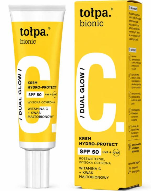 La Crème Hydro-Protect SPF50 Tołpa Bionic Dual Glow associe protection solaire avancée, hydratation intense et action illuminatrice pour une peau éclatante et protégée au quotidien. Sa formule enrichie en vitamine C stable et acide maltobionique aide à illuminer le teint, lisser la peau et réduire les signes de fatigue tout en offrant une protection élevée contre les UVA et UVB. Grâce à sa texture légère effet émulsion aqueuse, elle pénètre rapidement sans laisser de film gras ni de traces blanches, ce qui la rend idéale comme soin de jour et base de maquillage.